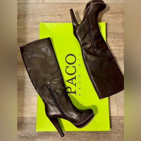 PACO PACO GIL Espresso Knee High Heeled Boots Size: 7 M -B - Picture 1 of 8